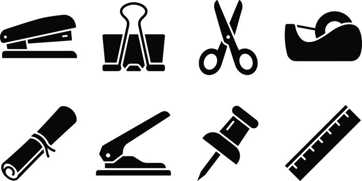 Office Supplies and School Stationery Vector Icons Set Featuring Stapler Scissors Binder Clip and Ruler