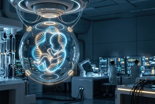 Artificial Womb with Glowing Embryo in Futuristic Biotechnology Laboratory