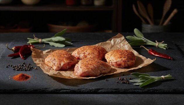Spiced chicken thighs in moody artisanal setting