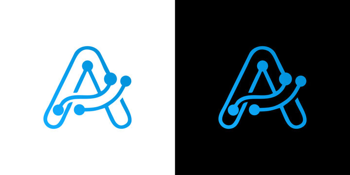 Modern Letter A technology logo design featuring digital circuit lines and connection nodes for innovative tech branding in blue vector style