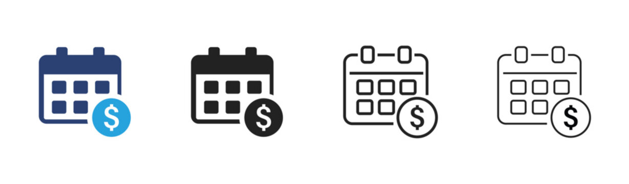 Set of calendar with dollar sign icons, financial schedule and payment date symbols, business planning and tax deadline vector illustrations editable stroke vector illustration