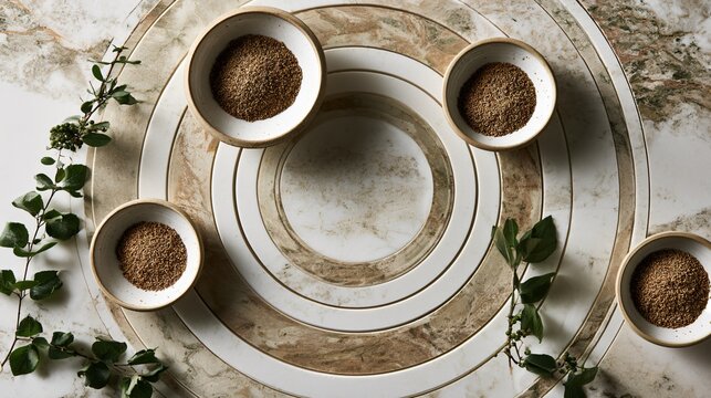 A luxury editorial composition featuring multiple bowls of cumin arranged in decorative concentric circles on polished marble with sophisticated botanical styling
