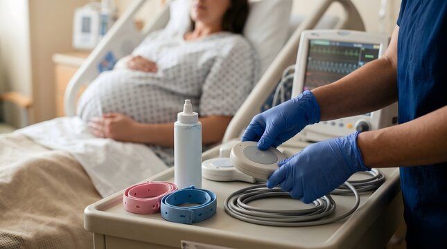 Nurse preparing fetal heart rate monitor equipment for pregnant patient in hospital