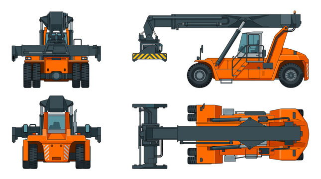 Container Handler with front side back and top views material handling equipment vector illustration