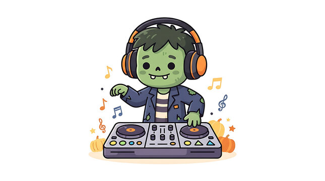 Cute Zombie DJ with Headphones Halloween Party Flat Vector