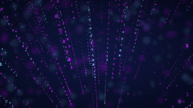 Futuristic stream of binary digits in cool blue tones cascading through digital virtual space environment