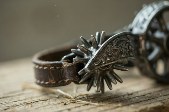 Closeup of a vintage metal cowboy spur with floral engraving and a leather strap resting on a rustic wooden surface