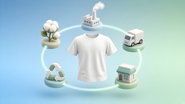 3D product lifecycle loop of cotton, factory, truck, store and recycling icons around a white t-shirt, digital product passport concept
