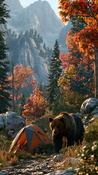 a serene wilderness scene during autumn. A large, brown bear stands in the foreground, gazing directly at the camera. To the left, a bright orange and gray tent is set up on a rocky terrain.