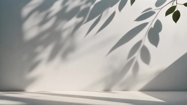 Gentle leaf shadows dancing across a bright white wall during a soft golden hour