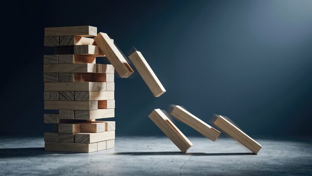 A wooden block tower in the process of collapsing with several pieces falling through the air against a dark blue background, representing failure