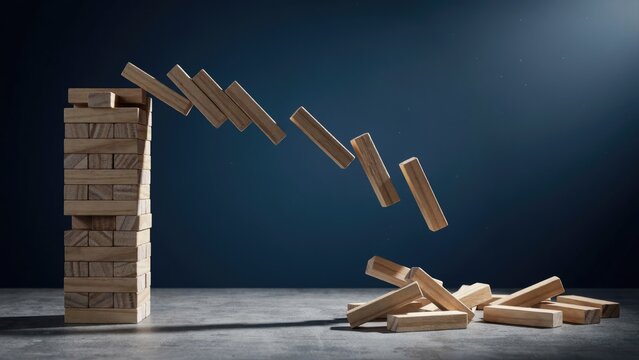 A wooden block tower collapsing with several pieces falling through the air against a dark blue background, representing business risk, and failure