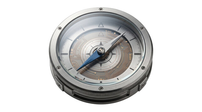 Vintage silver metal pocket compass, nautical navigation directional tool, classic stainless magnetic compass for exploration concepts isolated PNG with Transparent Background