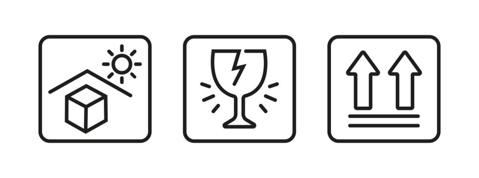 Packaging Safety Symbols Set, Sunlight Protection, Fragile and This Side Up Icons