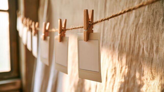 Minimalist still life featuring wooden clothespins clipping empty instant photo cards on a string