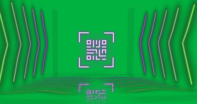 Animation of flickering purple QR code with neon arrows.