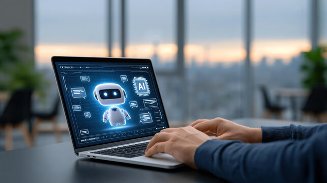 User typing on laptop with glowing chatbot interface and AI icons in modern office at dusk