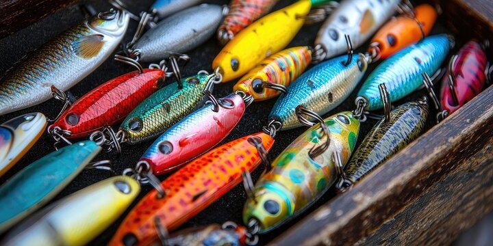 Open tackle box filled with various colorful fishing lures arranged in separate compartments. Generative by AI.