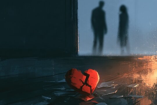 Moody digital illustration of a cracked heart and distant silhouettes signaling betrayal and heartbreak
