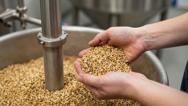 Craft brewing: artisan brewer preparing beer ingredients for fermentation