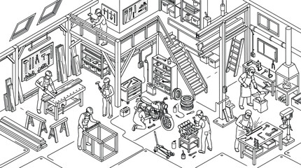 Obraz premium Industrial workshop isometric line art, busy garage interior with craftsmen and mechanics, professional maker space vector illustration