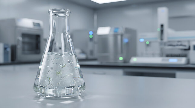 A glass Erlenmeyer flask containing beta-sitosterol solution inside a modern pharmaceutical science laboratory