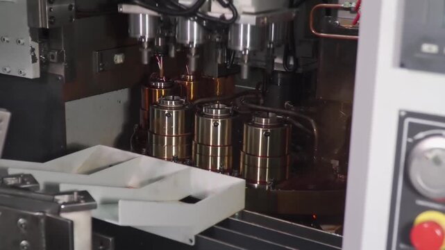 Multi spindle CNC machine drilling metal parts in factory, precision metalworking