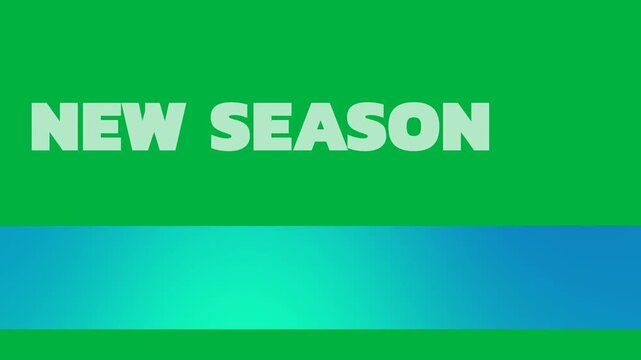 Animation of new season text in white letters with blue panel on white background