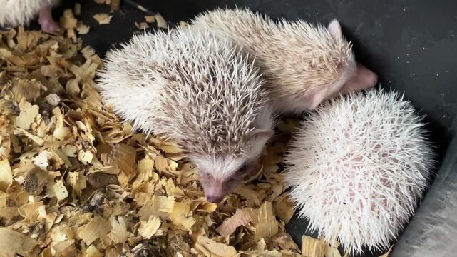 Tiny hedgehogs nap on soft wood shavings. One curls close, another curls away, still. Their spines, soft and white, offer warmth and security. Gentle creatures seek comfort, safety in their tiny world