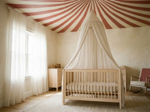 Empty Nursery Crib Under A Residential Ceiling