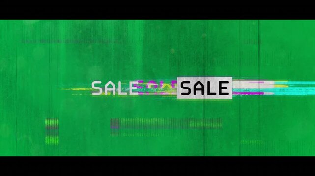 Animation of sale text in black and white letters over colorful distortions