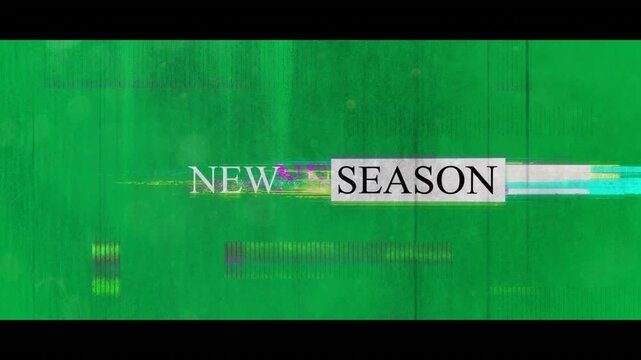 Animation of new season text in black and white letters over colorful distortions