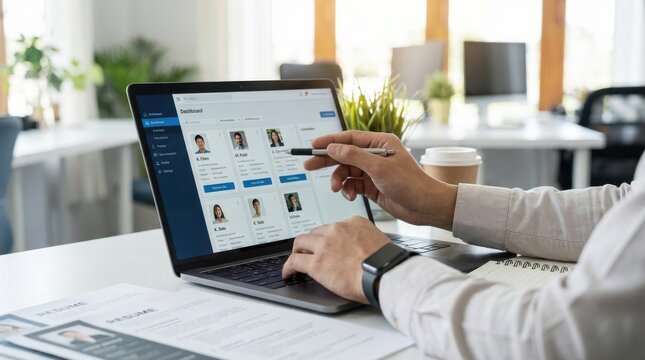 Talent acquisition: recruiter screening qualified candidates on a laptop