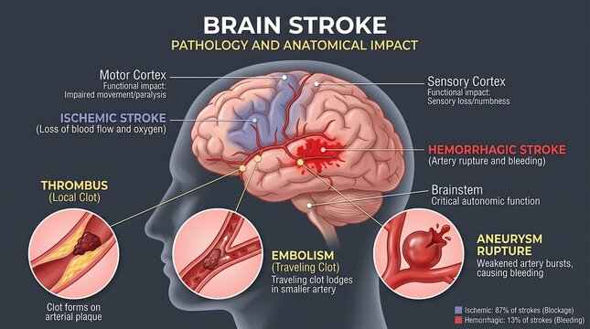 Brain stroke medical diagram showing ischemic and hemorrhagic stroke pathology, anatomical impact artwork