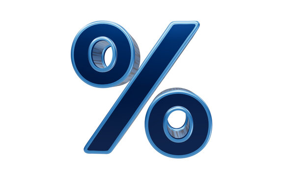 A 3D metallic blue percentage sign symbol stands out, representing a concept of discount or interest. 3D Icon