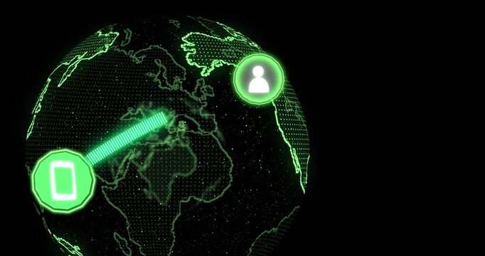 At 4s, globe spinning in transparent void triggers device icon fading, beam sending data to user