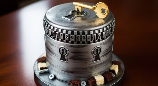 Intricate steampunk-inspired realistic metallic-looking brushed silver fondant celebration cake shaped like a mechanical cryptex puzzle box with keyholes and an edible gold key, sitting on a dark