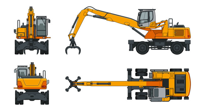 Material Handler Excavator with front side back and top views construction equipment vector illustration
