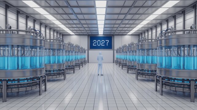 Futuristic hallway with 2027 year sign in digital room
