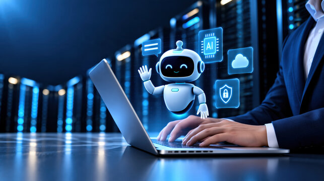 Friendly robot assistant hologram waving above laptop in server room with cloud and security icons, modern corporate AI support concept