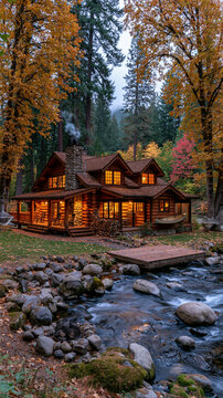 a rustic log cabin nestled in a forest during autumn. The cabin is illuminated by warm, amber light, creating a cozy ambiance. A stone chimney dominates the cabins exterior.