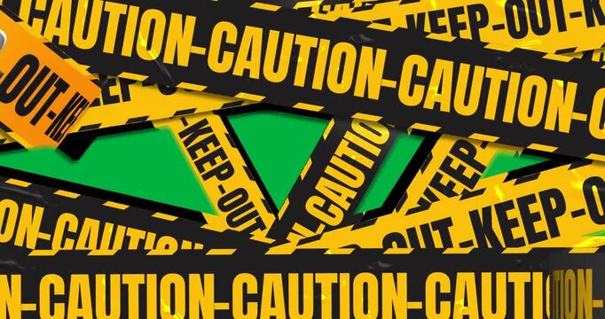 After transparent frame, caution tape strips alternating labels sliding forming barrier sliding out
