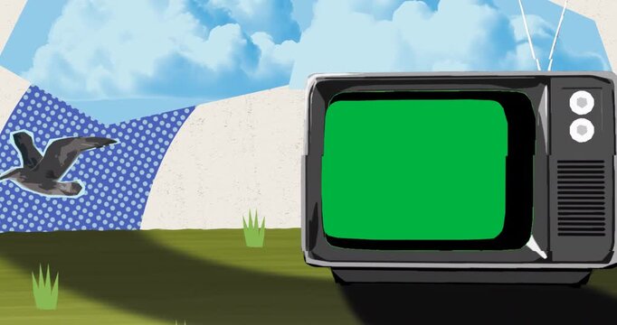 On start stylized seagull flapping wings gliding left past TV to leave view on transparent backdrop