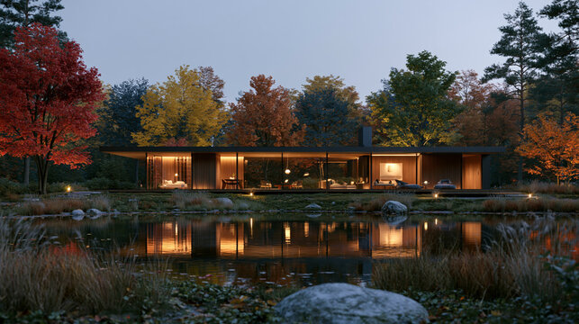 a modern house situated beside a serene pond. The house has a sleek, contemporary design with large glass windows and a flat roof. The interior is illuminated with warm, ambient light.