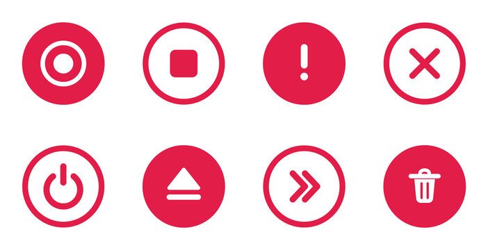 Set of red circular action buttons with white icons for media control, system commands, and interface operations isolated on transparent background