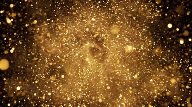 Golden glittering powder explosion or firework burst isolated on a black background for holiday celebrations and luxury designs