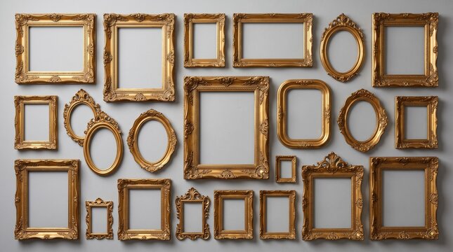 Collection of antique gold picture frames arranged on a plain light