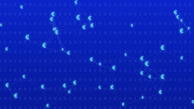 Euro currency symbols connected with digital lines moving across glowing blue binary code background video footage