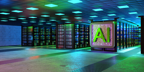 Obraz na płótnie Canvas Data center, AI computing servers operate in a high-tech facility for artificial intelligence, cloud processing and digital infrastructure, 3D image.