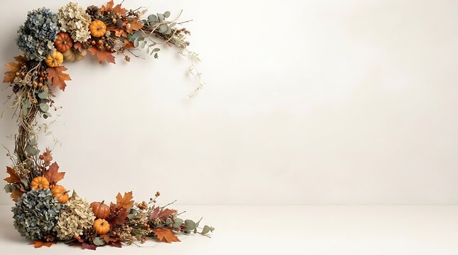 Elegant floral archway with autumn toned blooms and greenery for wedding or event backdrop